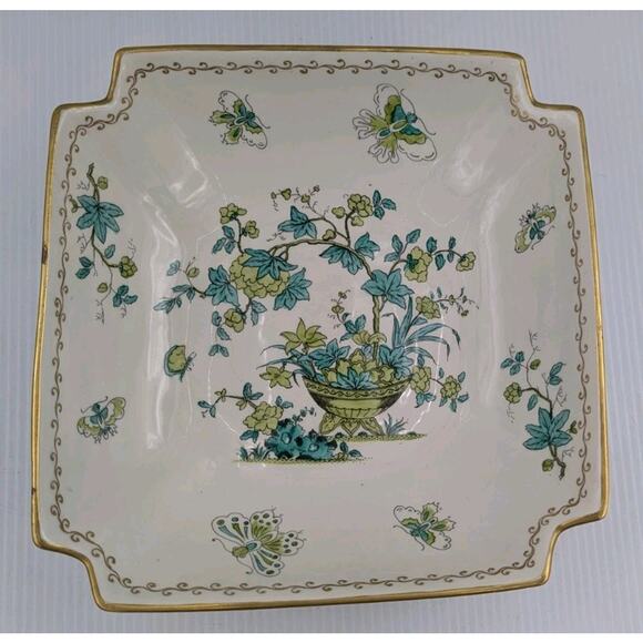 Mottahedeh Design Yellow Green Flowers Butterflies Square Serving Vegetable Bowl - Picture 1 of 13
